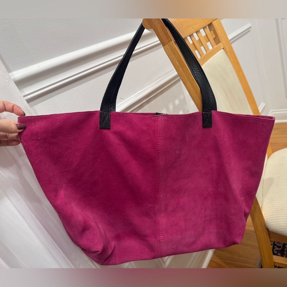 Mark & Graham Boho Tote Hot Pink Fuchsia Suede leather Handbag Purse Monogram K - Picture 3 of 9
